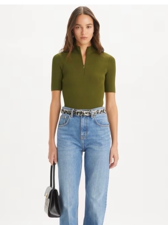 Tory Burch Tops - Tory Burch Half Zip Olive Green Short-Sleeve Ribbed Zip Mock-Neck Top